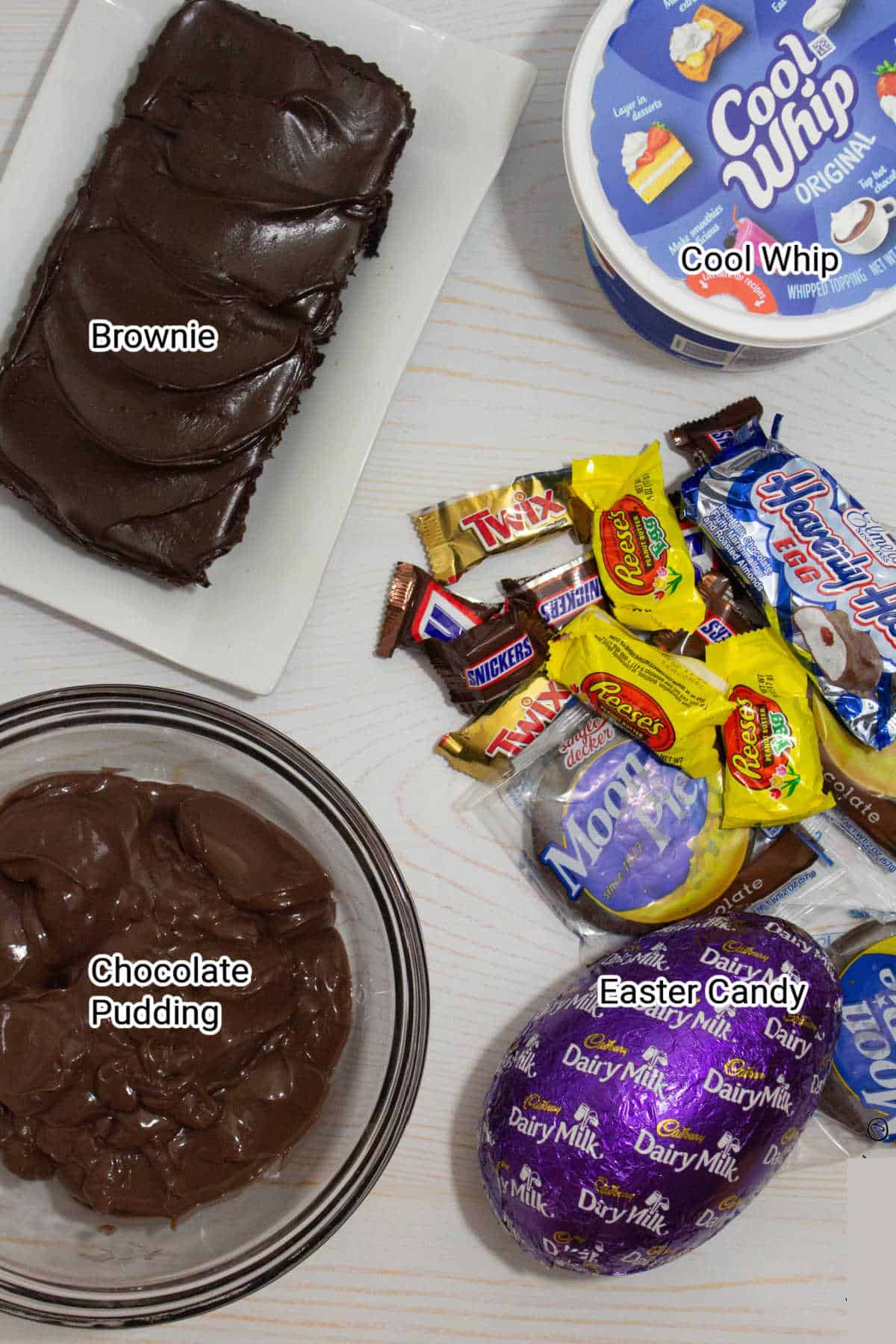 ingredients needed to make an Easter Candy leftovers trifle