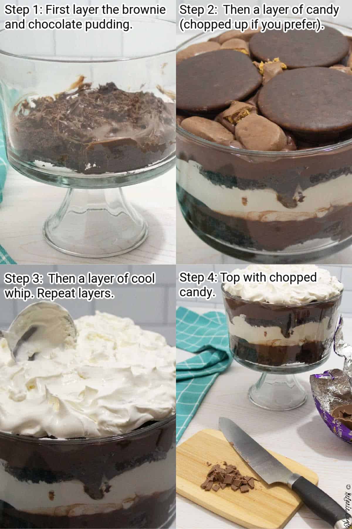 steps on how to make a chocolate trifle with leftover easter candy.