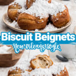 two images for biscuit beignets top image show a plate of biscuit beignets heaped high with powdered sugar. The image at the bottom shows one with a bite taken out