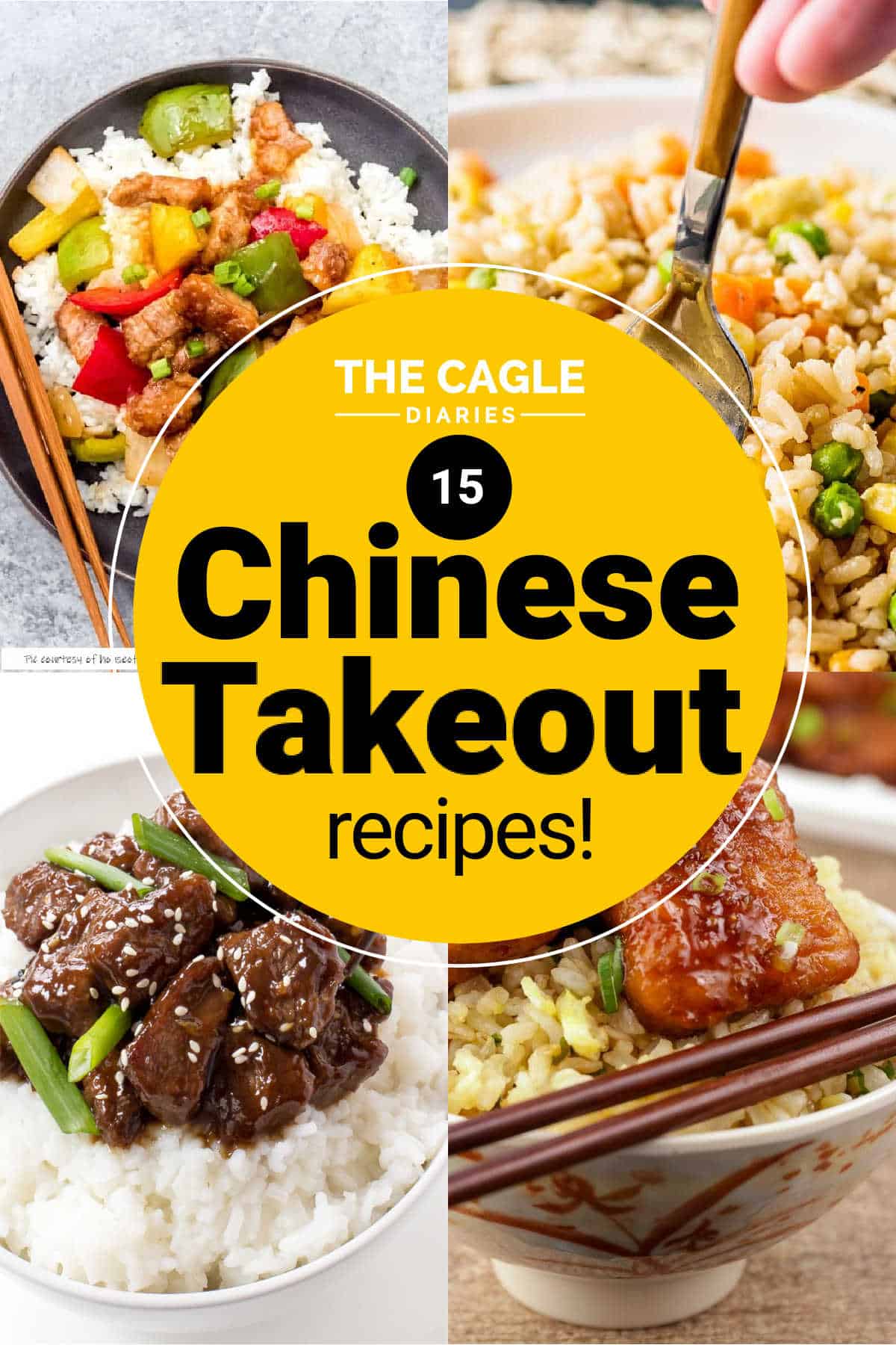 four images showing real chinese food recipes with a circle in the middle showing a title of 15 real chinese recipes