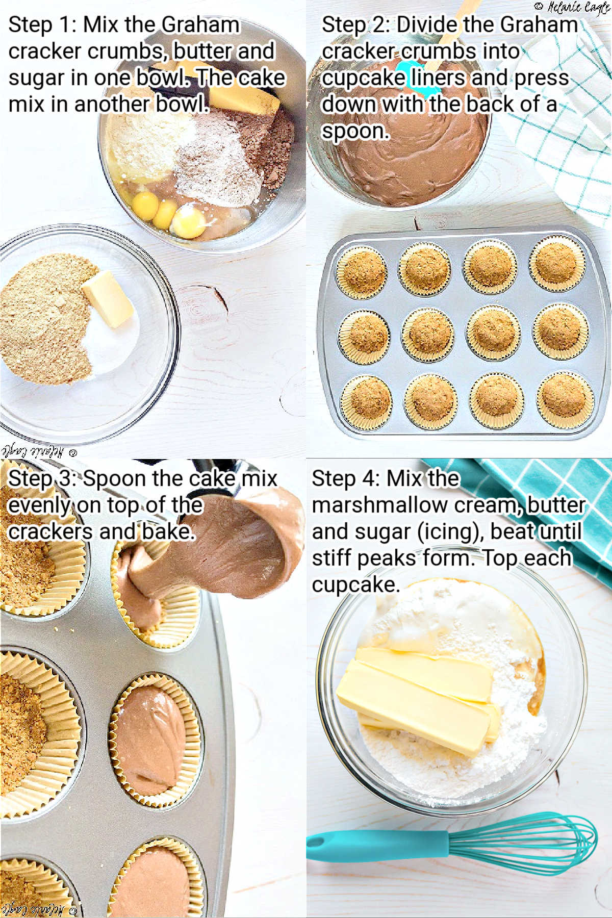 recipe steps with four images showing how to make smores cupcakes