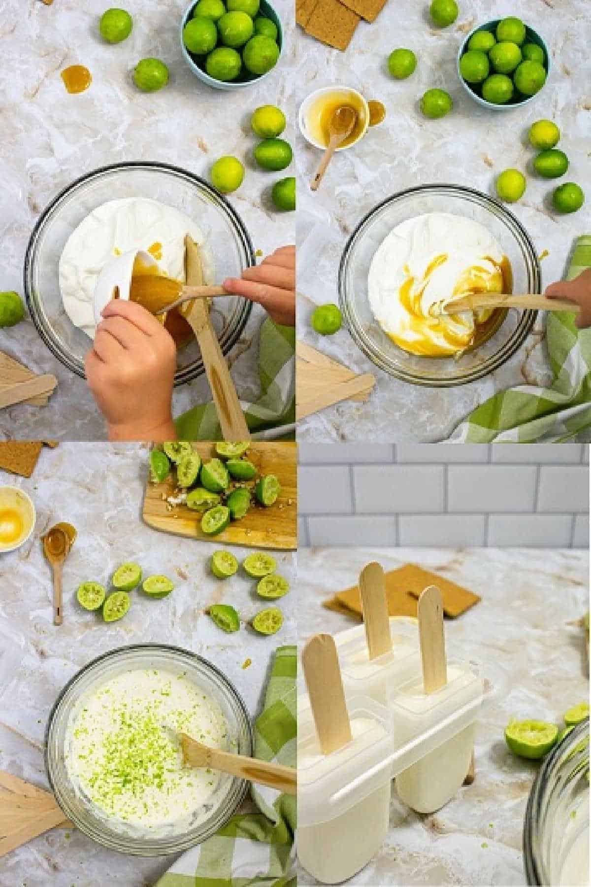 four images showing how to make key lime pie popsicles