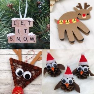 owls made out of pinecones, reineer made from popsicle sticks, decoration made from scrabble tiles and handprint card for christmas craft ideas
