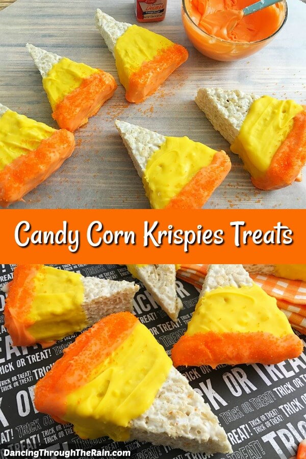 Triangles of rice krispie treats decorated in orange and yellow to make them look like candy corn.