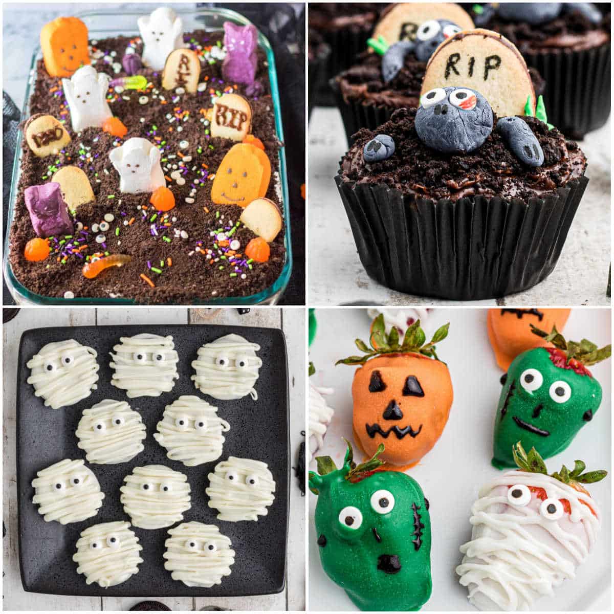 A collage of four images for a Halloween Dessert Table.