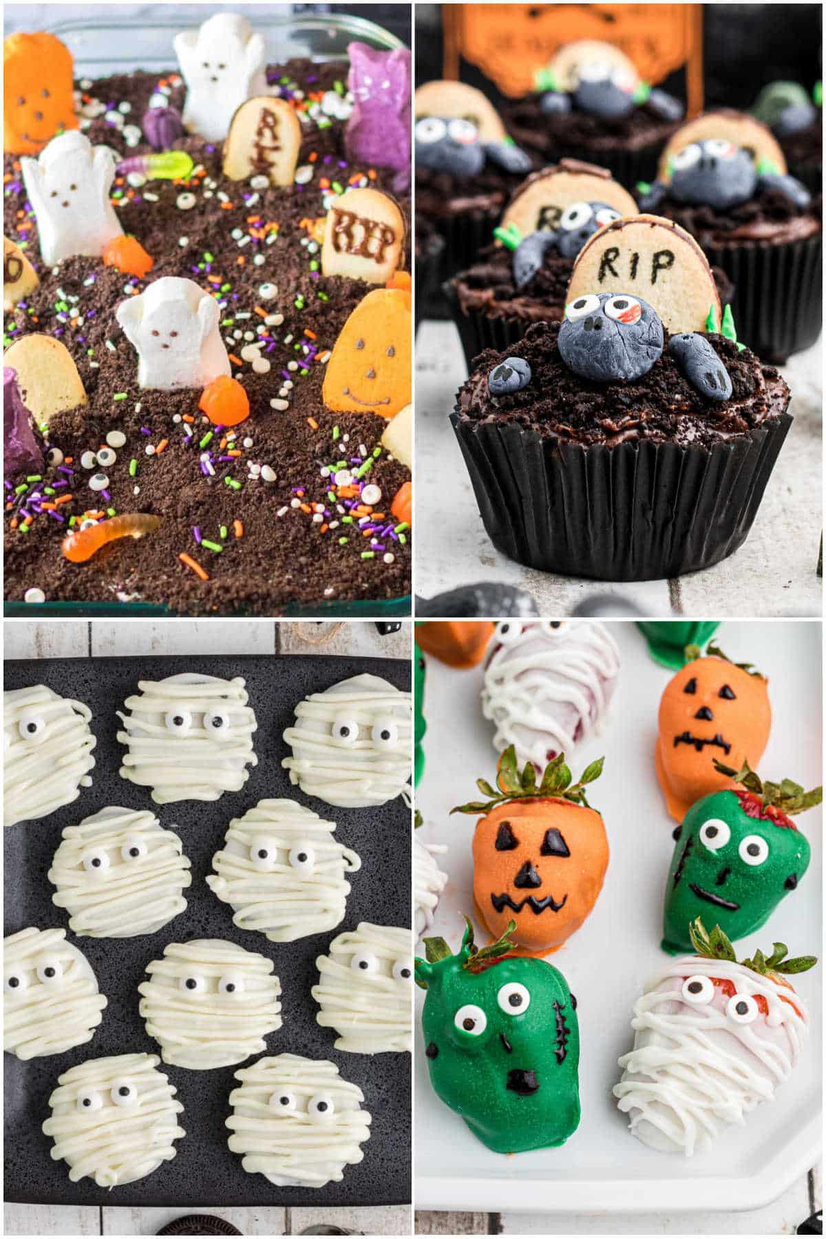 A portrait sized collage of four images showing ideas for a Halloween Dessert Table.