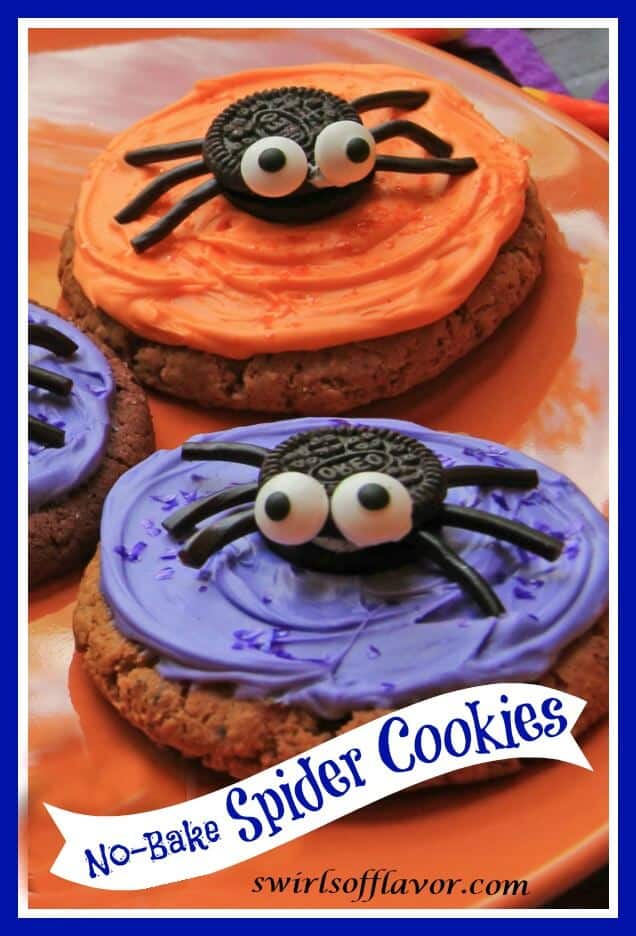 oatmeal style cookies with purple and orange icing.  An Oreo cookie in the middle on top with eyeballs and black sticks to make it look like a spider.