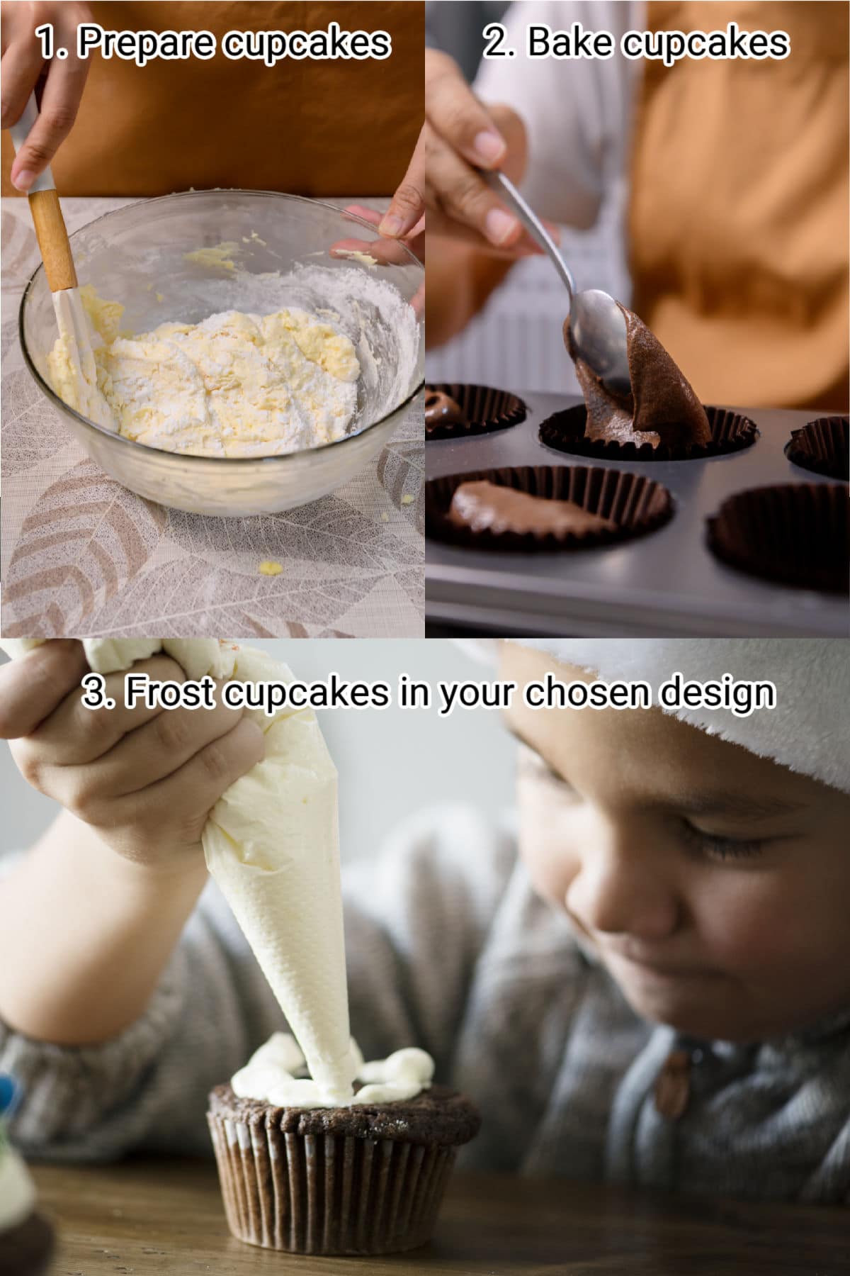 three images showing preparing of halloween cupcakes