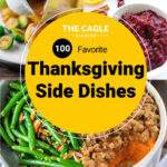 four images of thanksgiving side dishes, green beans, sweet potatoes, gravy and cranberry
