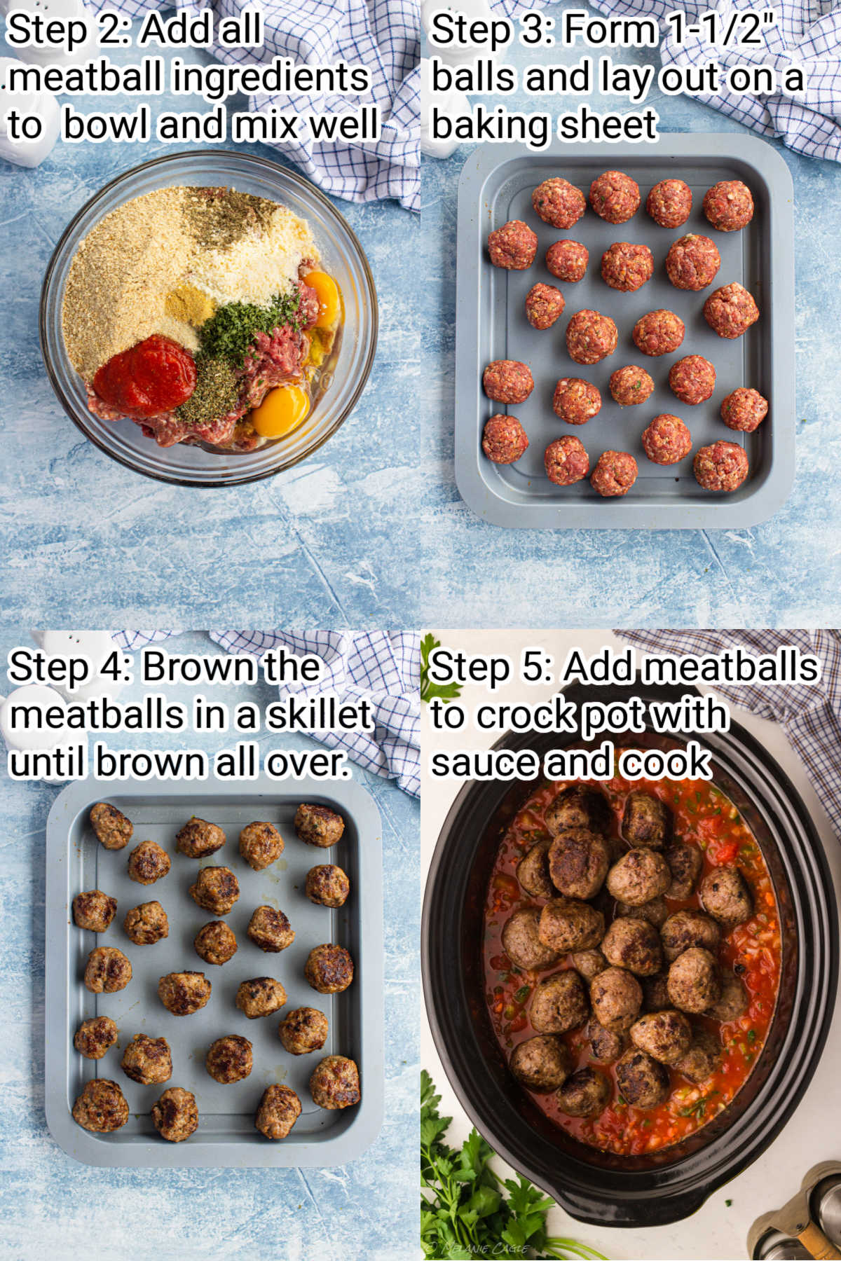 four images showing steps of how to make crock pot spaghetti and meatballs