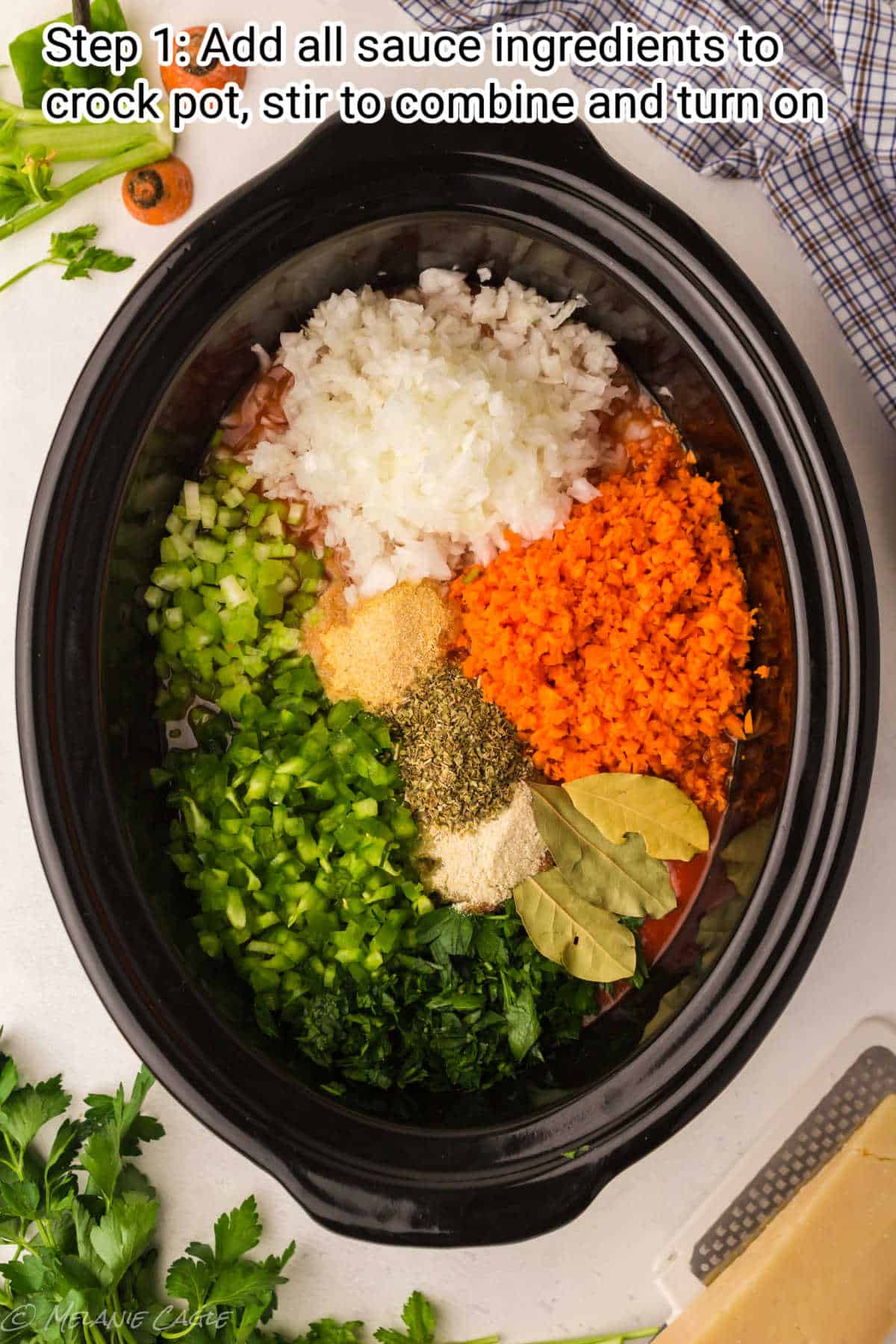 a crock pot image with ingredients all neatly loaded