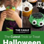 two images one of a girl eating a cupcake the other picture is a close up of halloween cupcakes