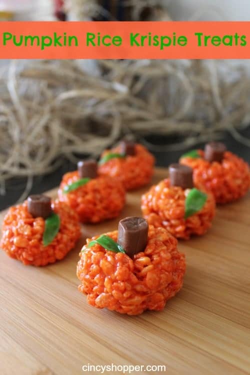 Orange rice krispie balls with a tootsie roll in the top to make it look like a pumpkin.