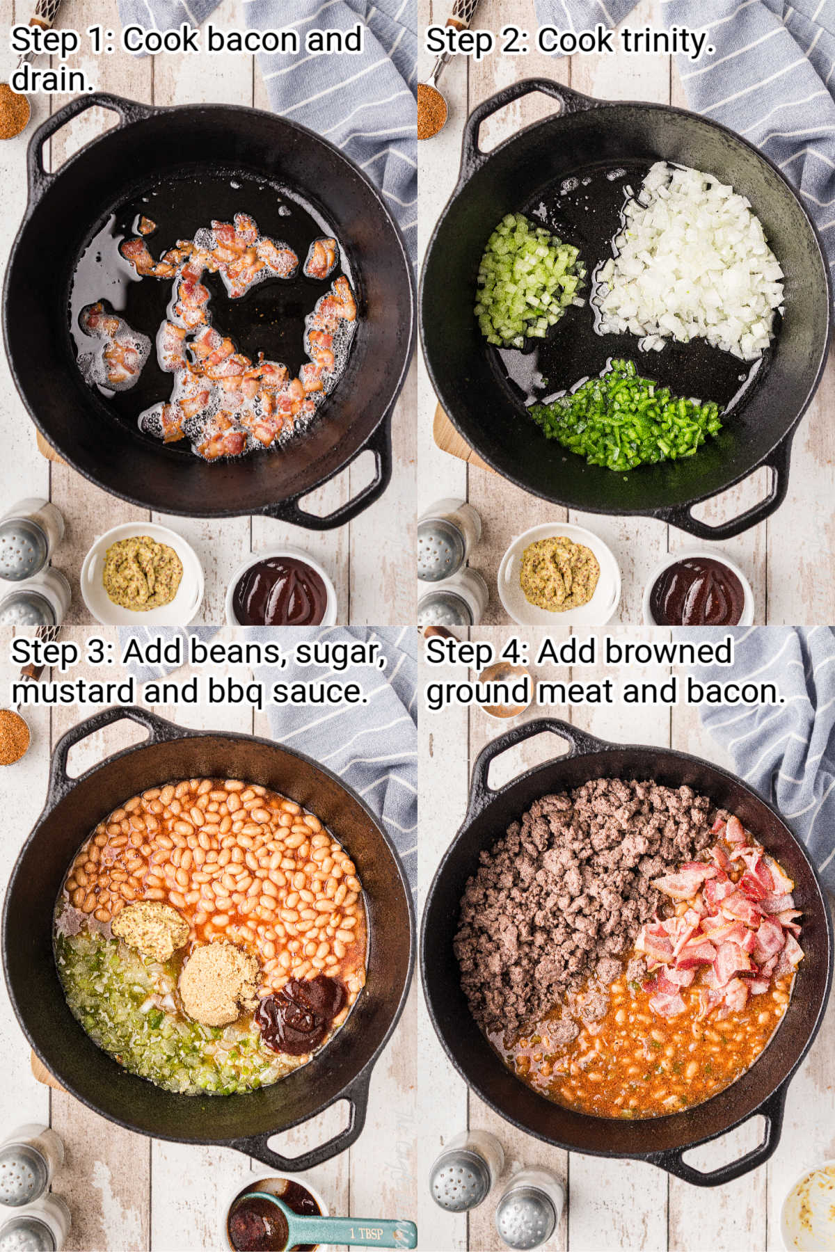recipe steps 1 through 4 showing how to make southern baked beans