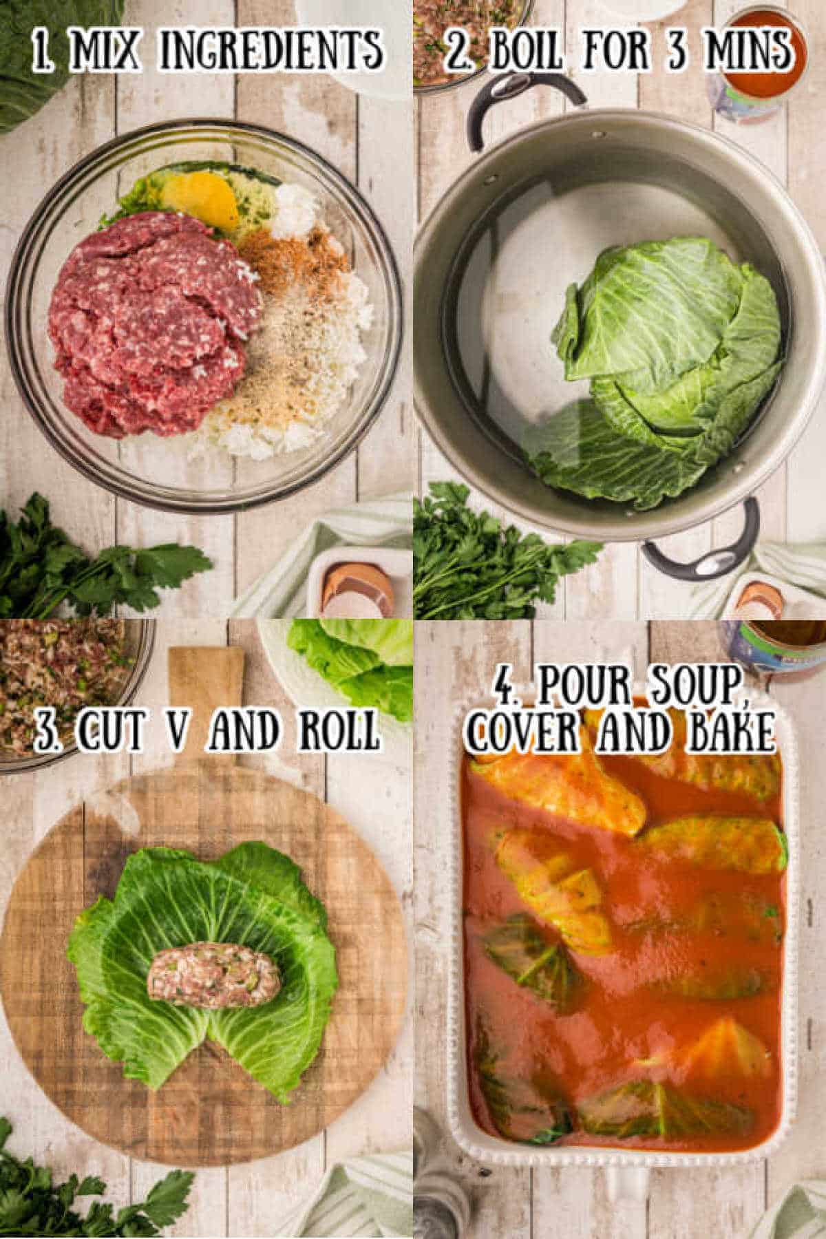 four images showing how to make cabbage rolls