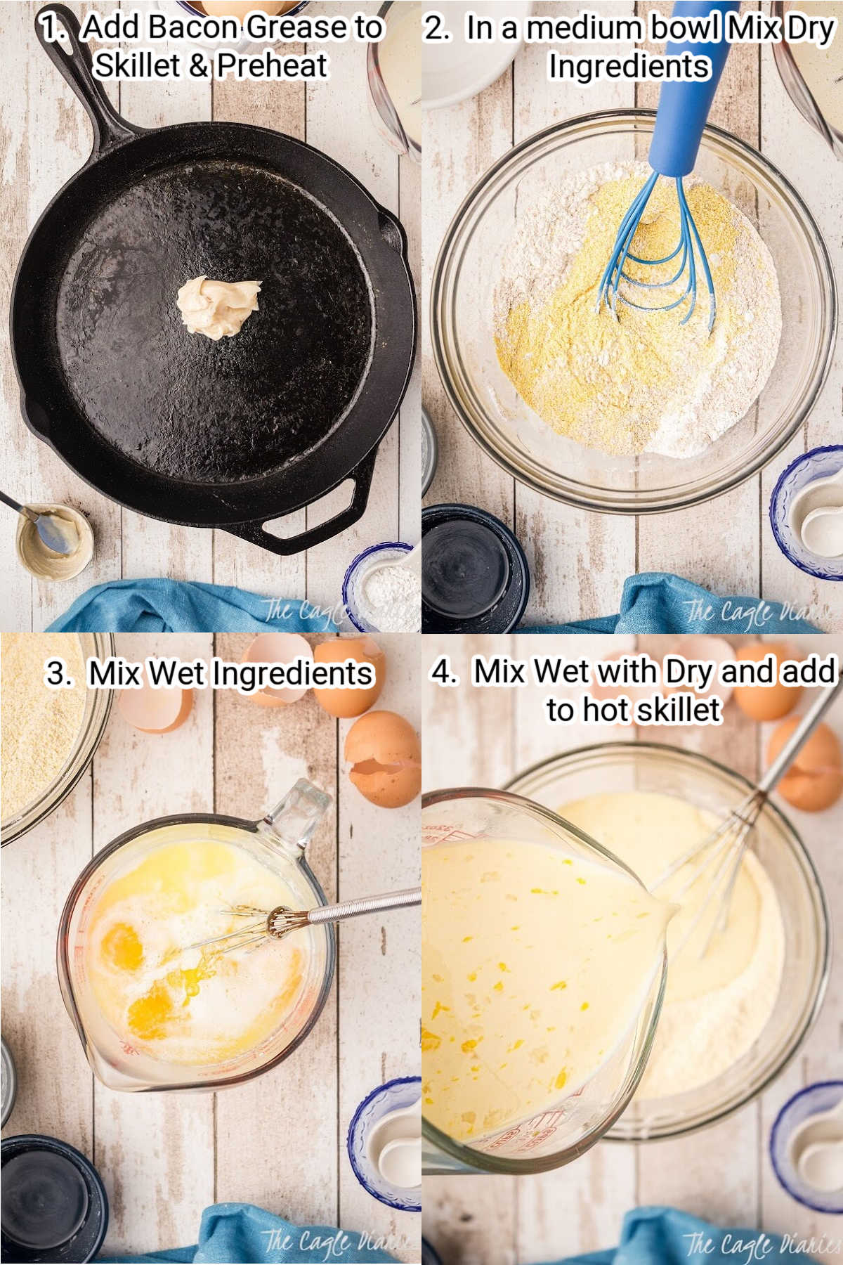 steps on how to prepare the batter to make skillet cornbread