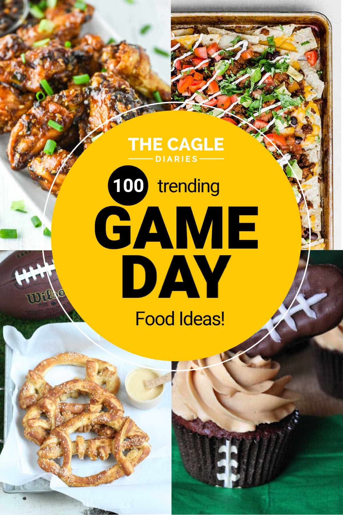 collage of 4 images of game day food, football cupcake, football shaped pretzel, nachos and wings
