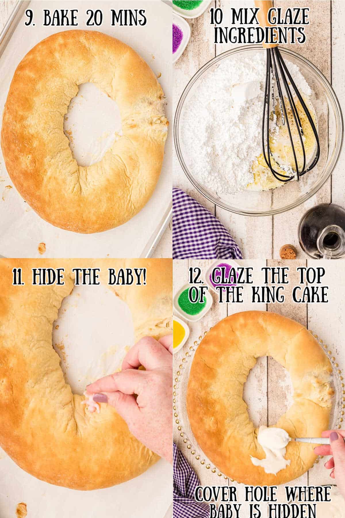 four images showing how to make a king cake step by step