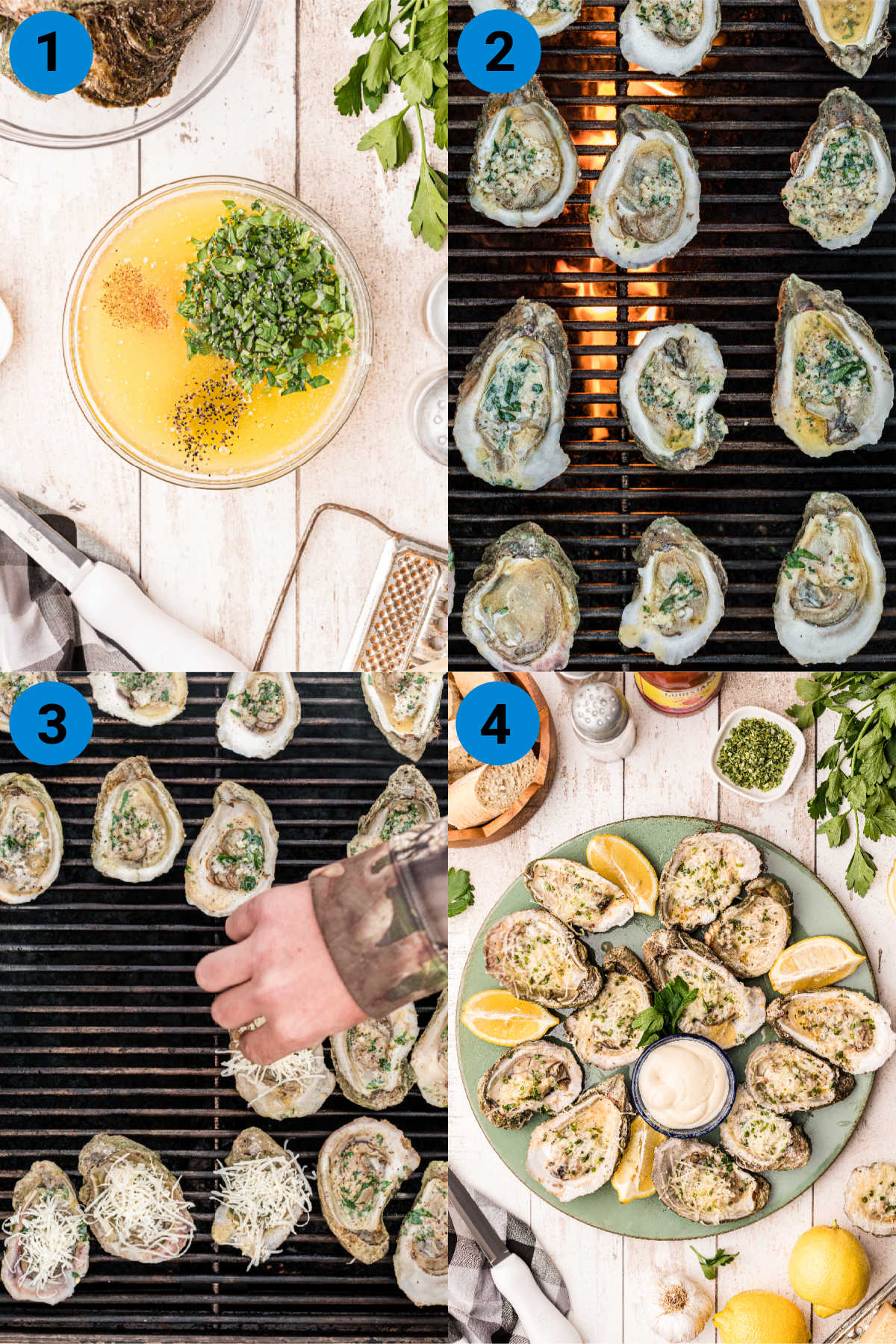 four images showing how to make chargrilled oysters New Orleans style