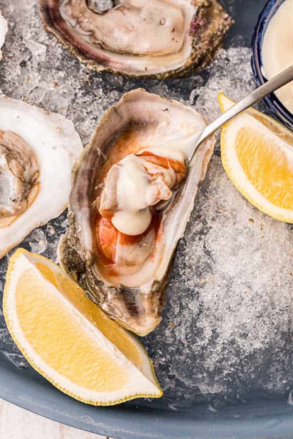 Raw oyster on ice with cocktail sauce, hot sauce and horseradish