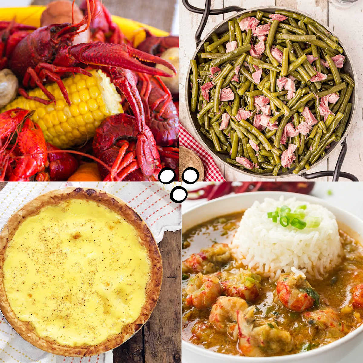a collage of four images one with crawfish, one with green beans in a pan, one of a custard pie and the other a crawfish etouffee in a bowl