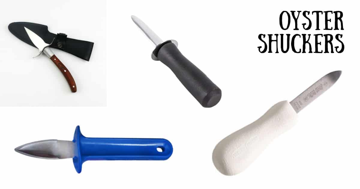 4 different oyster shuckers - one blue handle, one black handle, one white handle, one wooden handle