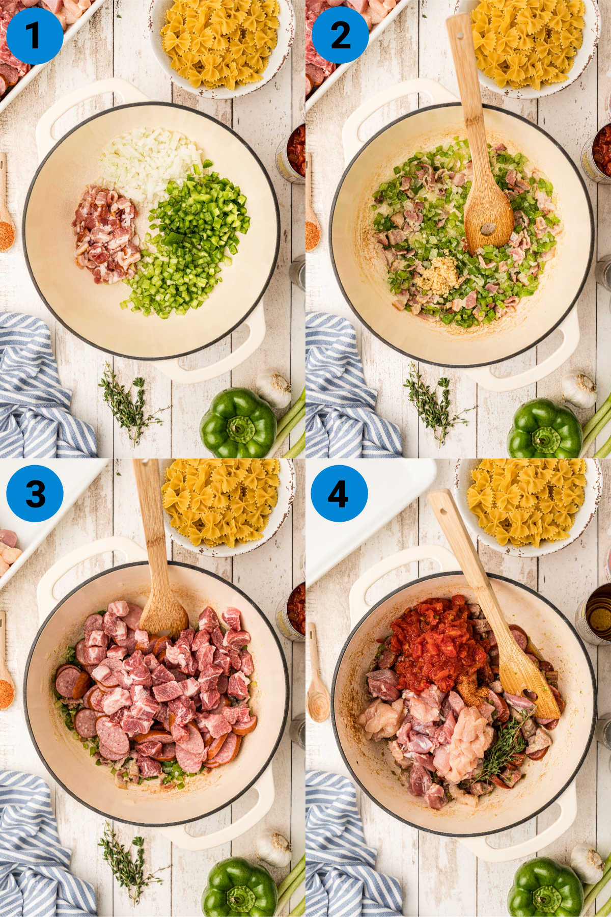 a collage of four images showing how to make a cajun pasta with sausage recipe steps 1 through 4.
