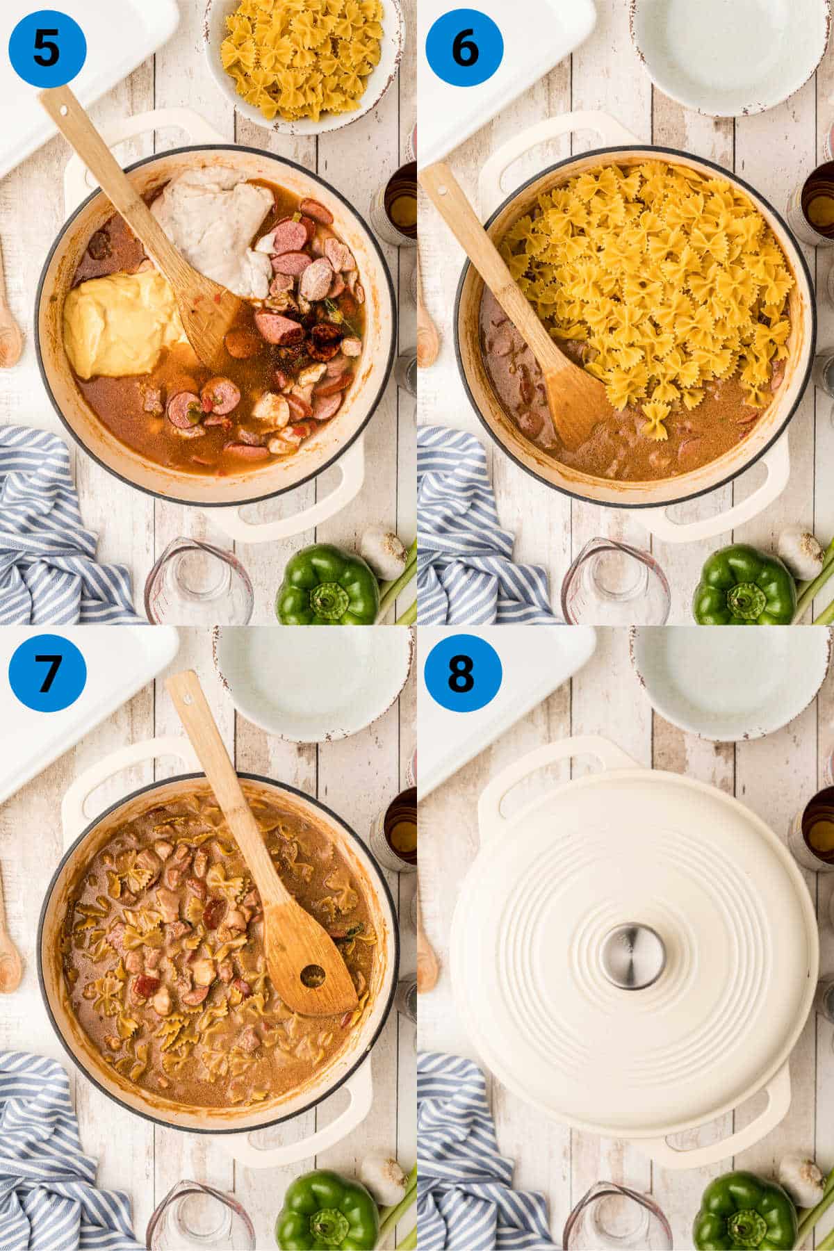 a collage of four images showing how to make a cajun pasta jambalaya.