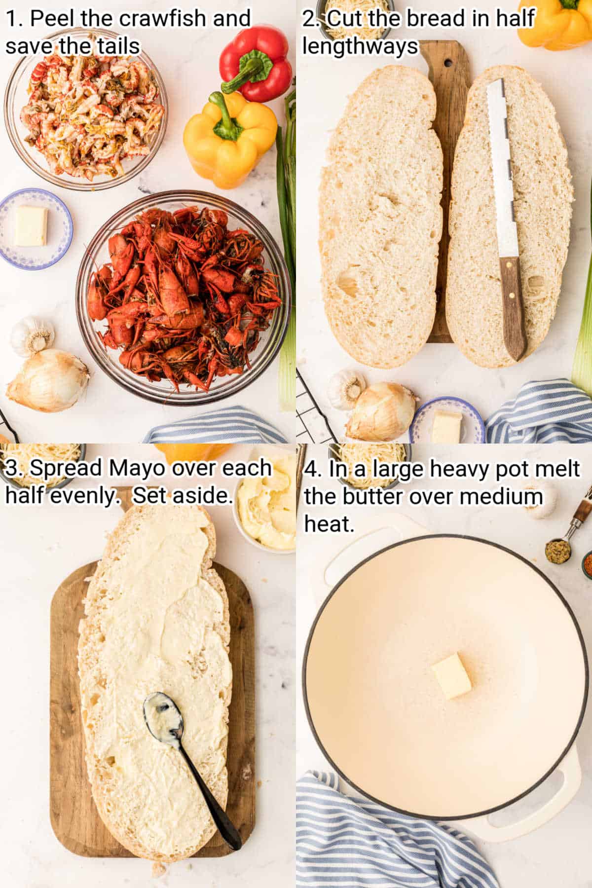 4 images that describe how to make crawfish bread