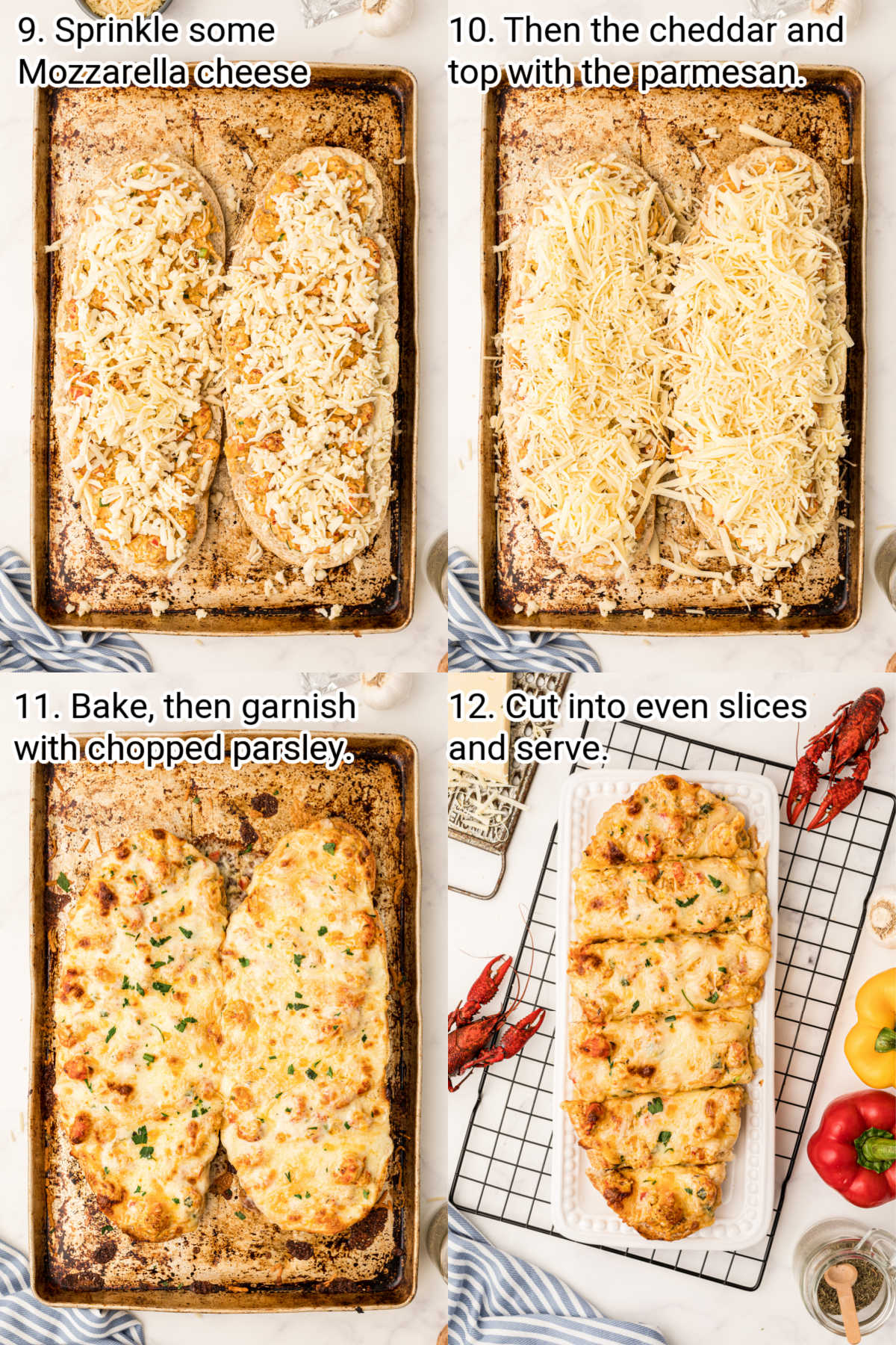 4 images that describe how to make crawfish bread