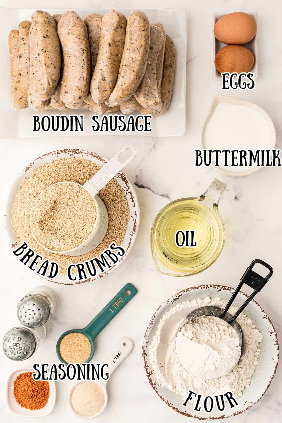 ingredients for boudin balls, starting with boudin sausage and eggs, flour, seasoning, breadcrumbs