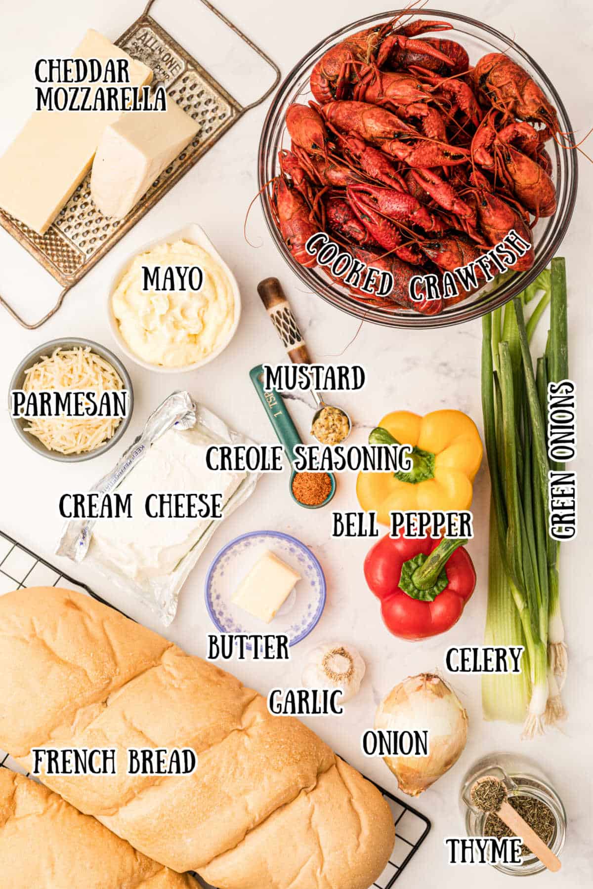 ingredients all laid out for a crawfish bread recipe