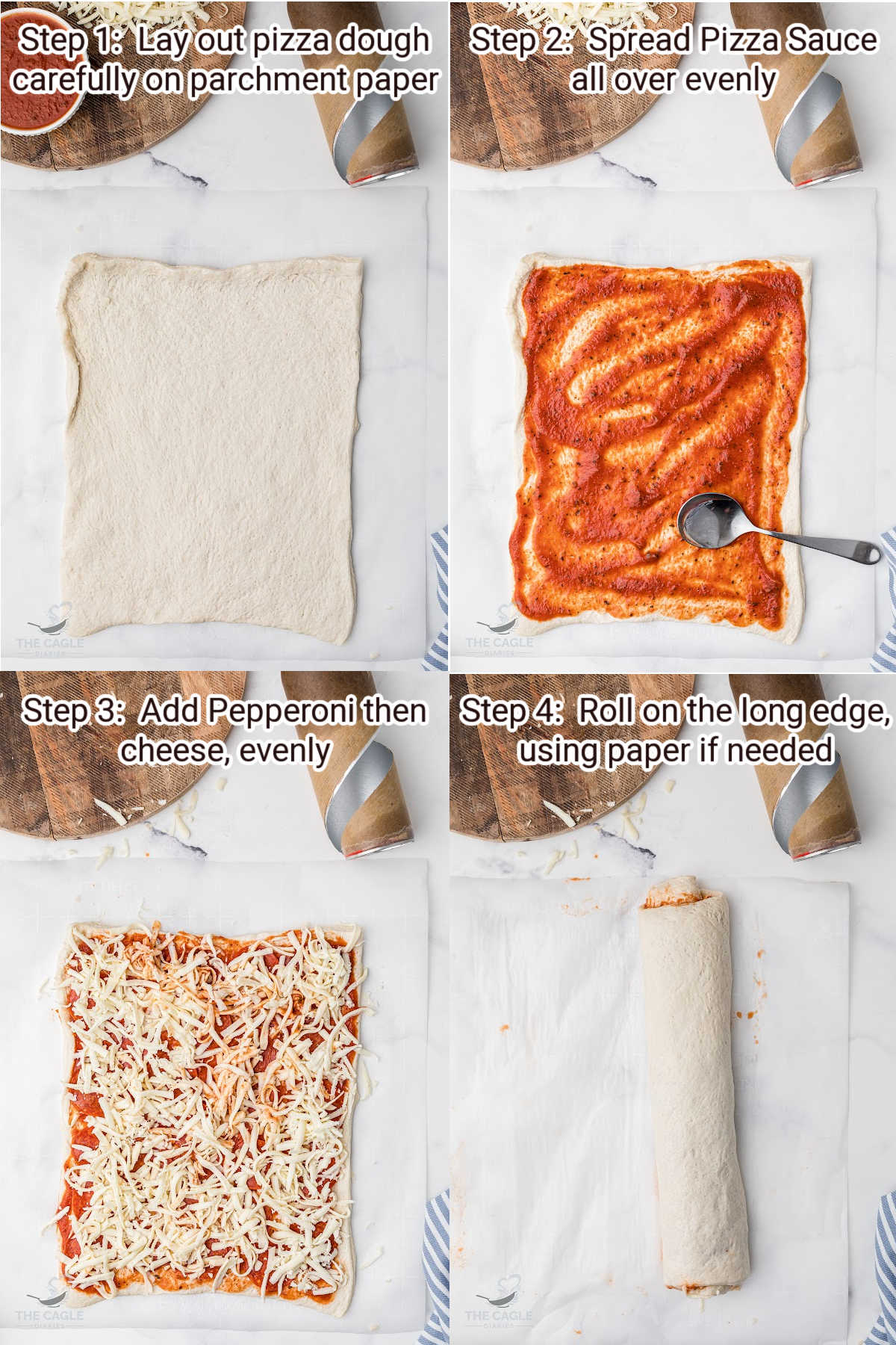 steps 1 through 4 showing how to make pizza rolls in the air fryer