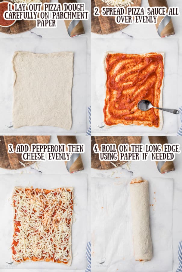 four images showing how to make homemade pizza rolls