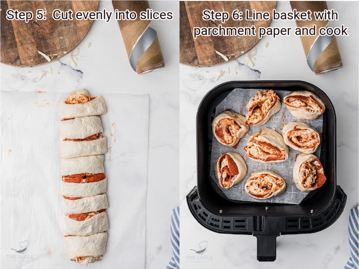 2 steps showing how to make air fryer pizza rolls