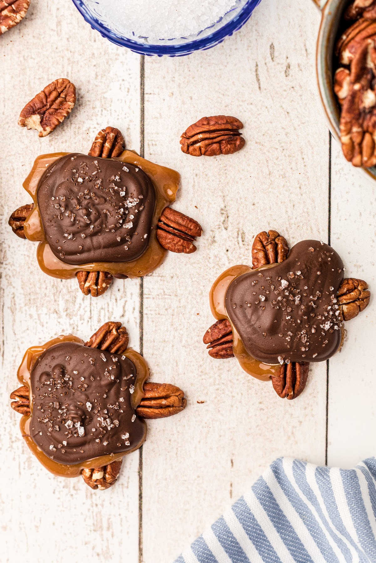 chocolate and caramel melted over pecans to look like a turtle