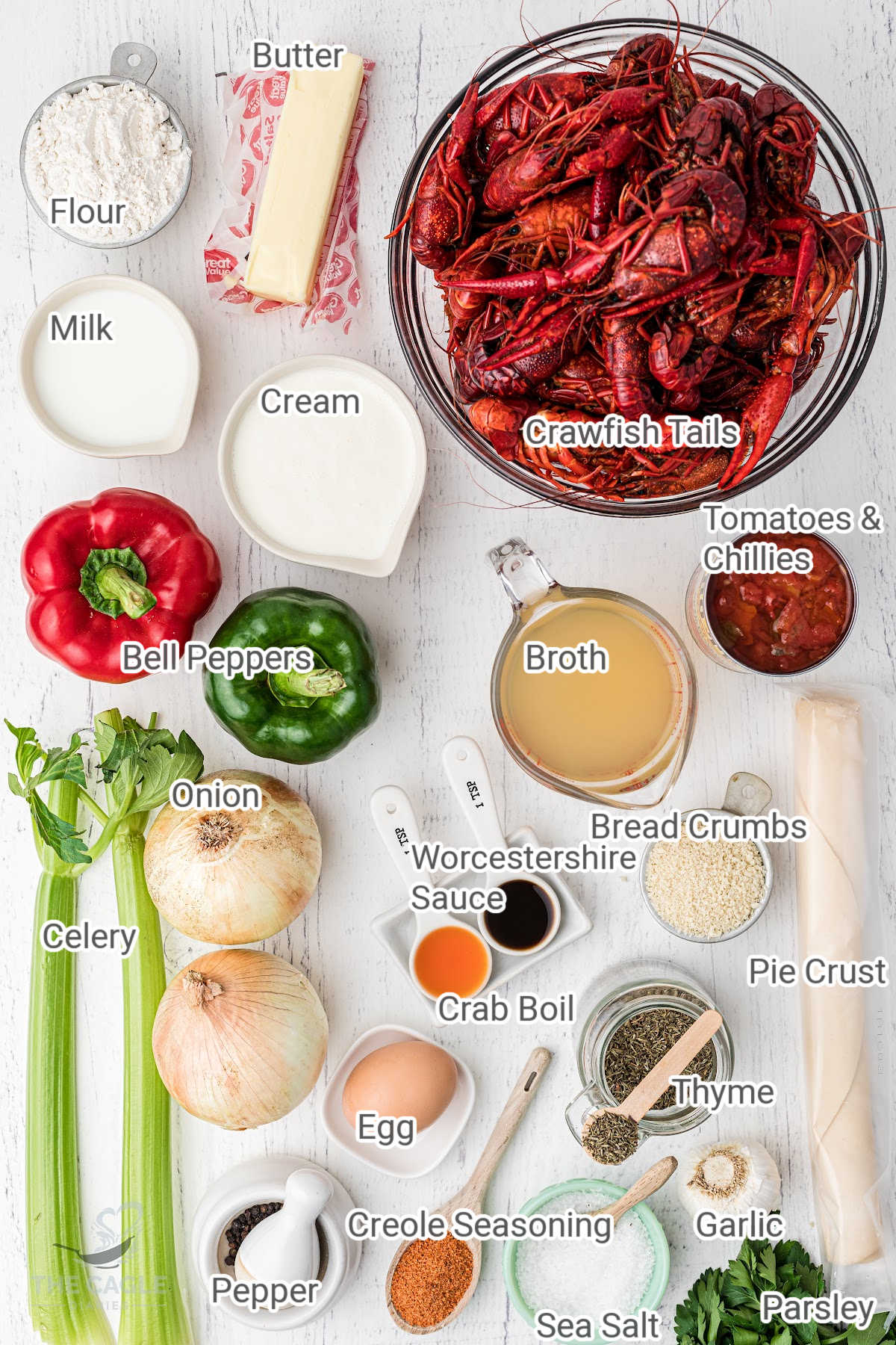 ingredients all laid out for what goes into a crawfish pie
