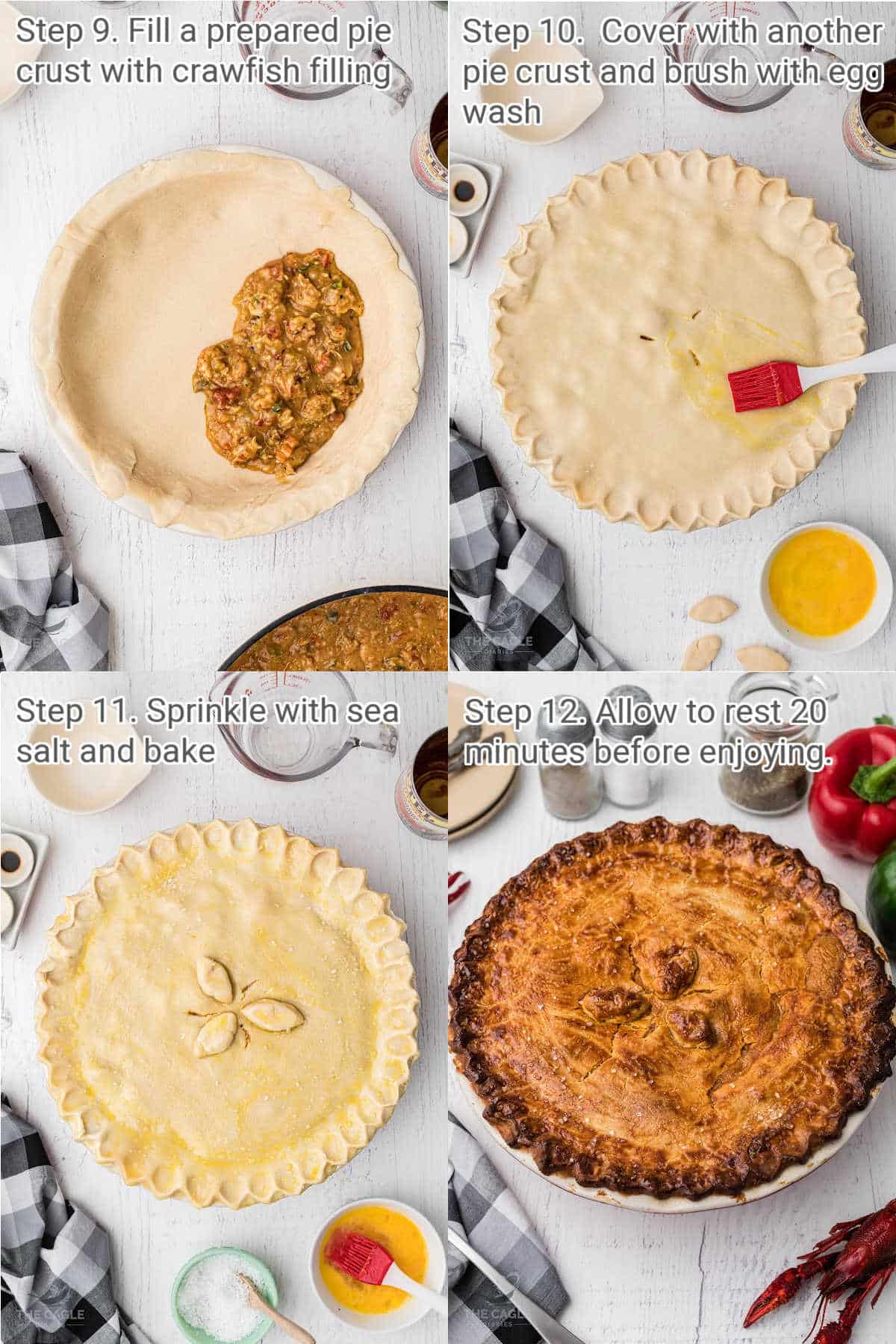 four images showing how to make a crawfish pie