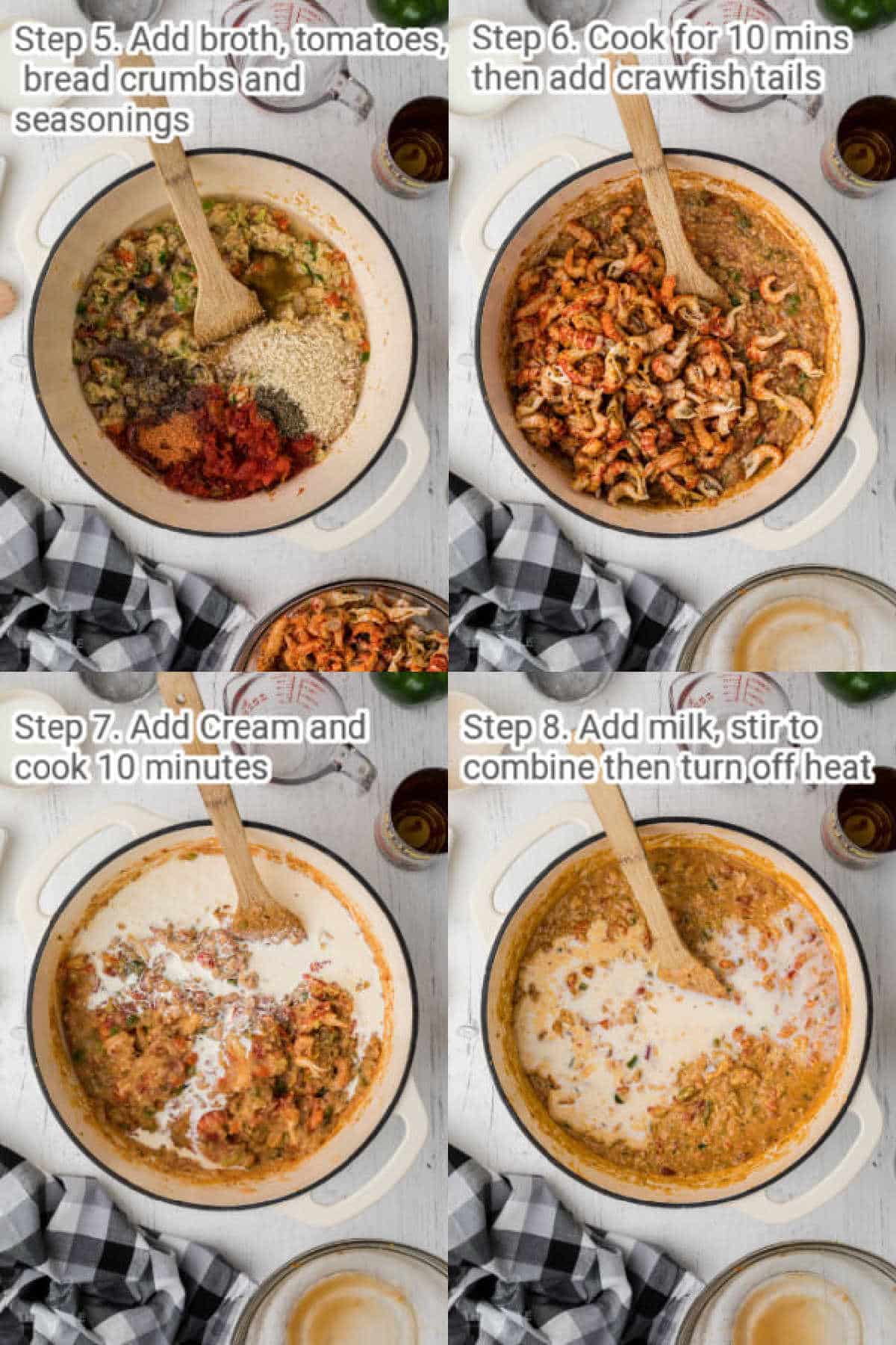 crawfish pie recipe steps 5-8 four images of how to make a crawfish pie