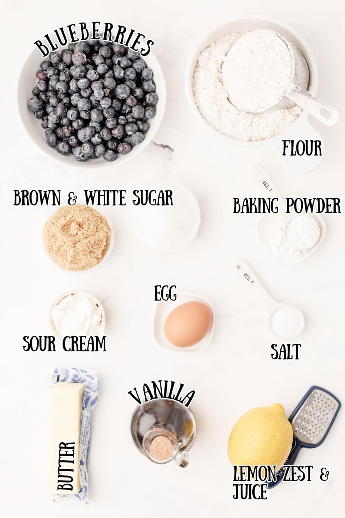 ingredients for lemon blueberry muffins with sour cream