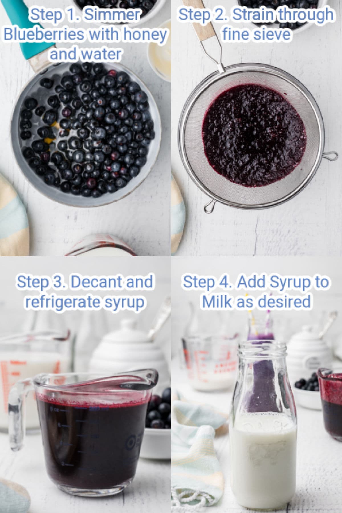 four images showing the recipe steps to make blueberry milk