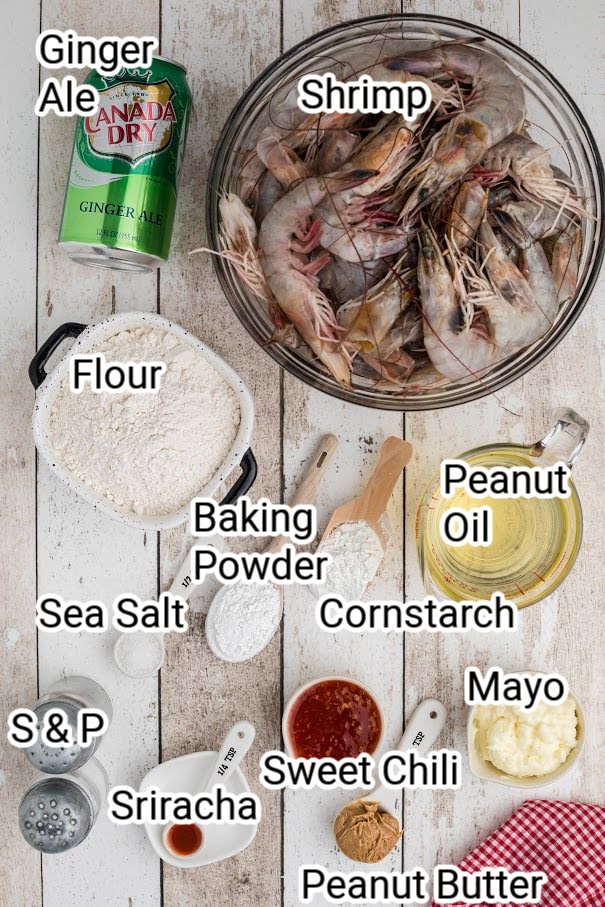 ingredients showing shrimp, ginger ale, flour, cornstarch, baking powder