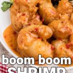 close up of a plate of boom boom shrimp with the title underneath, for a pinterest pin