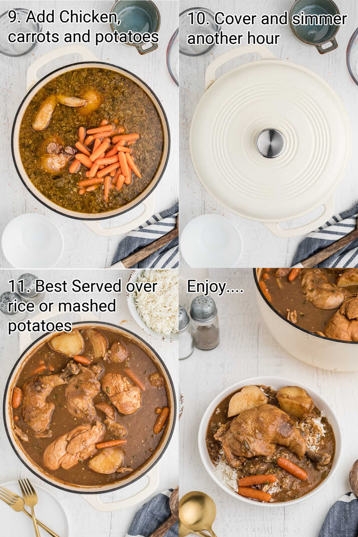 4 images showing the steps on how to make a southern chicken stew