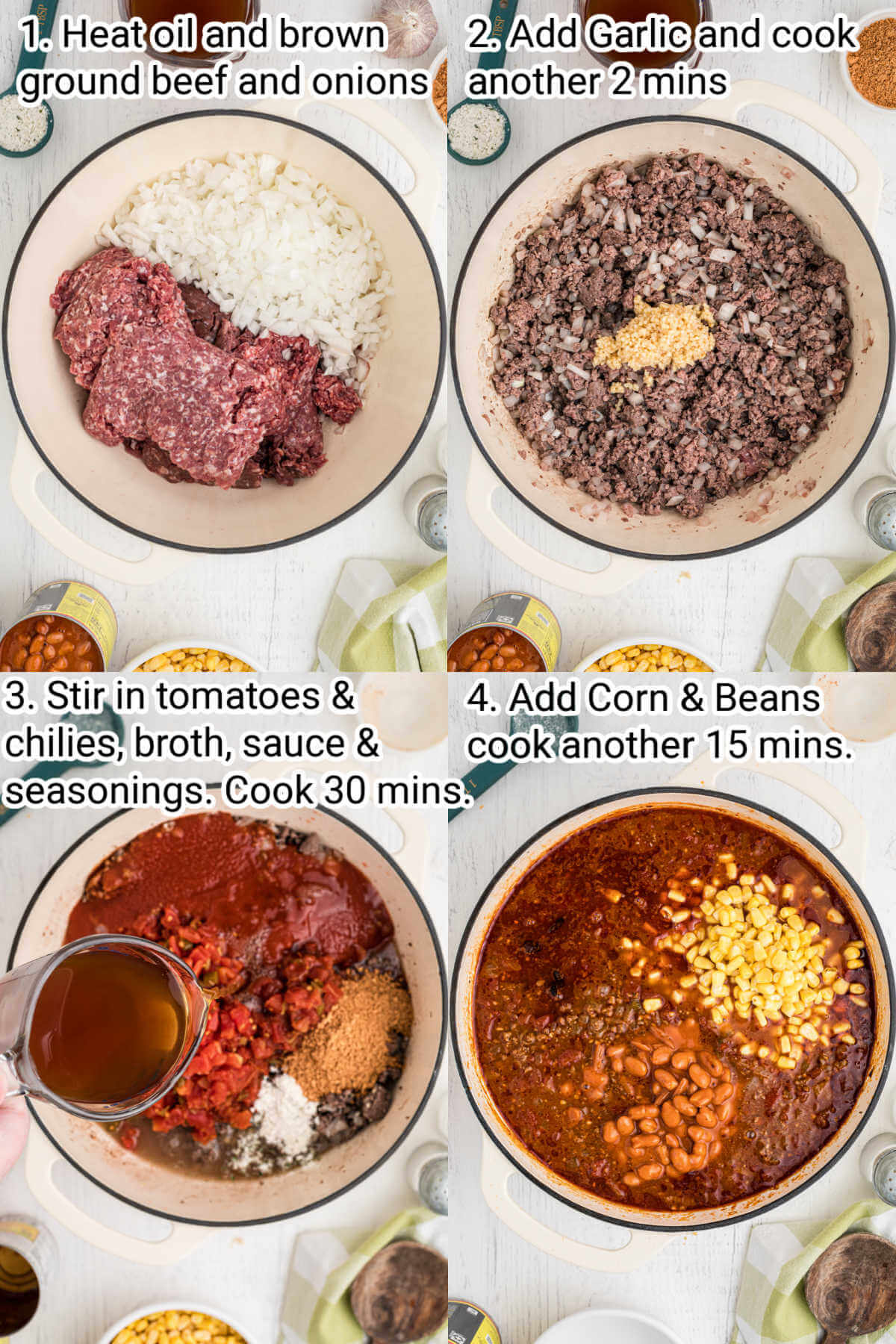 four images instructing how to make taco soup