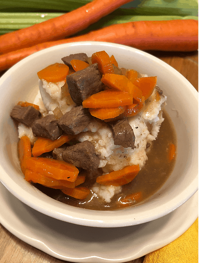 bowl with venison stew sitting on top of mashed potatoes with carrots