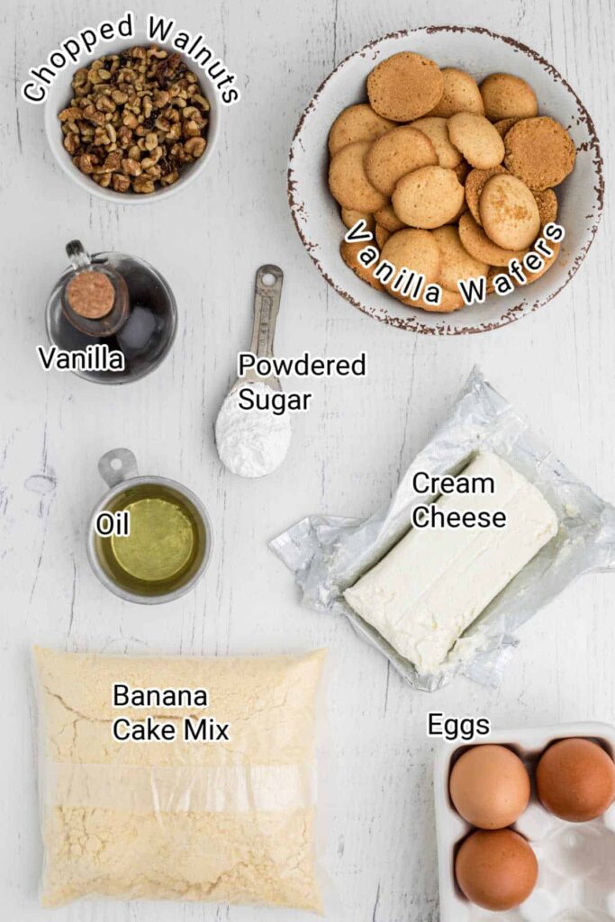 ingredients for making banana pudding brownies, laid out with their description on top