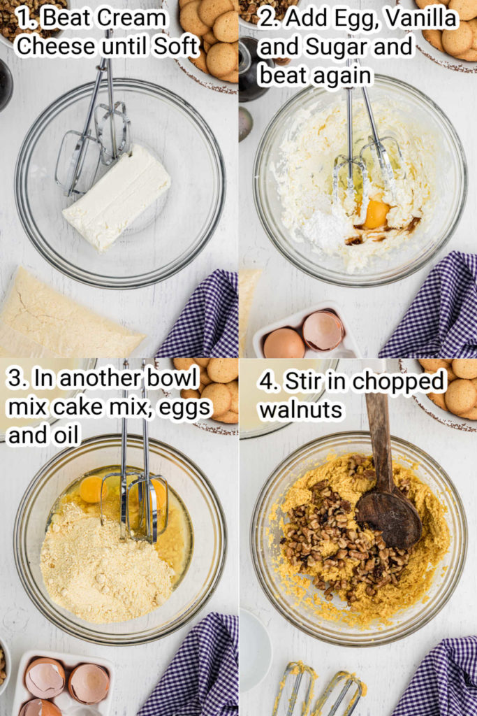 four images with bowls showing how to make banana pudding brownies, each image has text explaining what to do