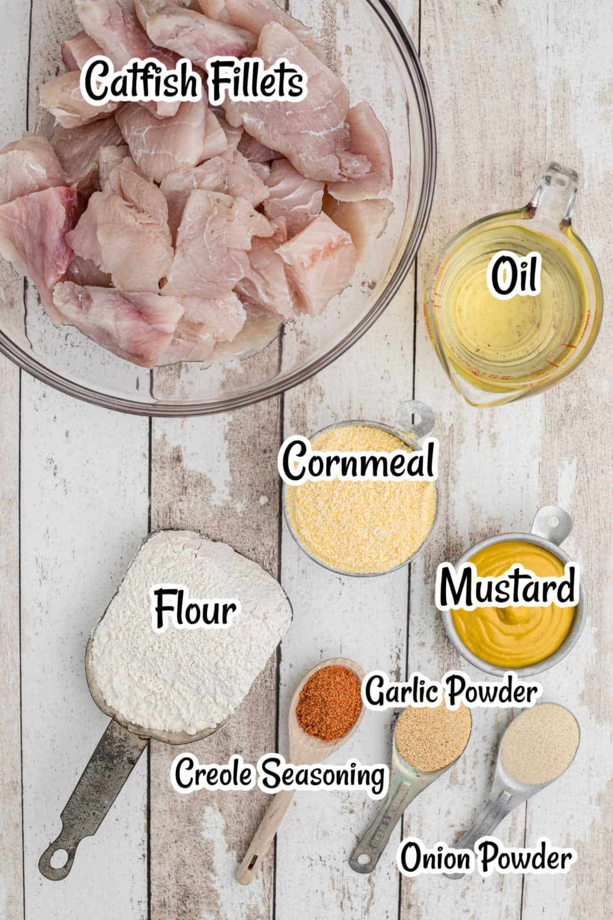 Overhead view of fried catfish nuggets ingredients