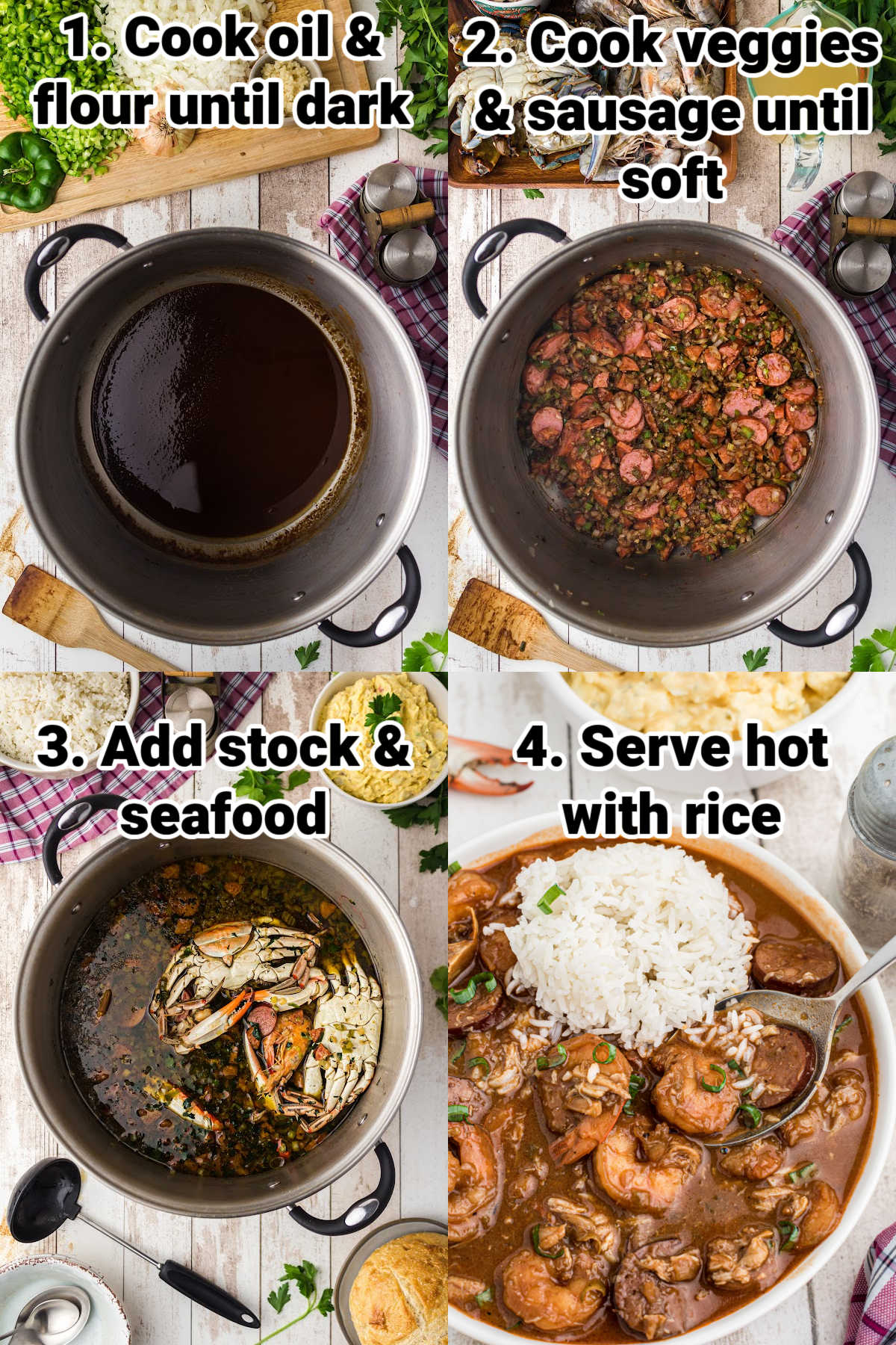 Recipe steps showing how to make a Louisiana seafood gumbo.